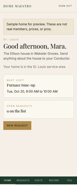 The member home screen on a phone, showing the next visit, a furnace tune-up, and open requests.
