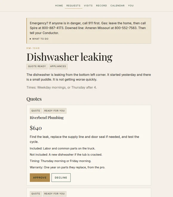 A dishwasher leak request with a quote from a local plumbing pro, showing scope, price, timing, and Approve and Decline buttons.