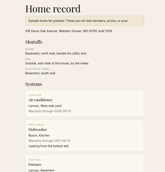 A home record showing shutoff locations and systems such as the air conditioner, dishwasher, and furnace.