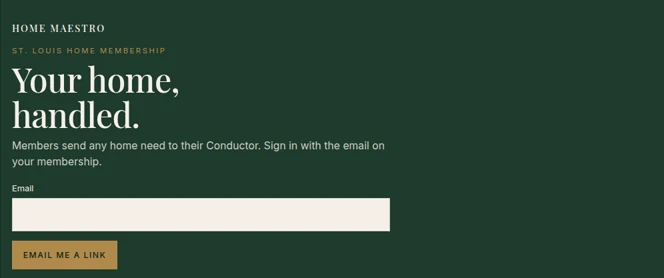 The member portal sign-in screen, with an email field and an Email me a link button.